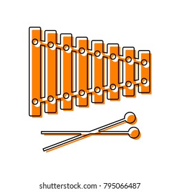 Xylophone sign. Vector. Black line icon with shifted flat orange filled icon on white background. Isolated.