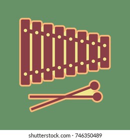 Xylophone sign. Vector. Cordovan icon and mellow apricot halo with light khaki filled space at russian green background.