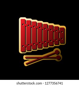 Xylophone sign. Vector. Red icon with small black and limitless shadows at golden sticker on black background.