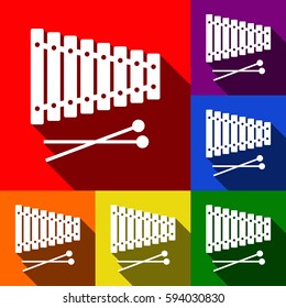 Xylophone sign. Vector. Set of icons with flat shadows at red, orange, yellow, green, blue and violet background.