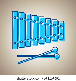 Xylophone sign. Vector. Sky blue icon with defected blue contour on beige background.