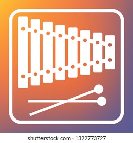 Xylophone sign. Vector. White icon on transparent button at orange-violet gradient background.