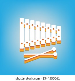 Xylophone sign. Vector. White icon with 3d warm-colored gradient body at sky blue background.