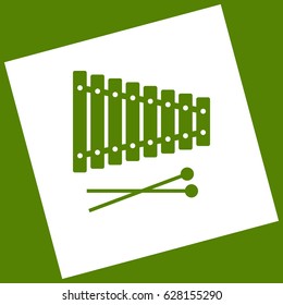 Xylophone sign. Vector. White icon obtained as a result of subtraction rotated square and path. Avocado background.