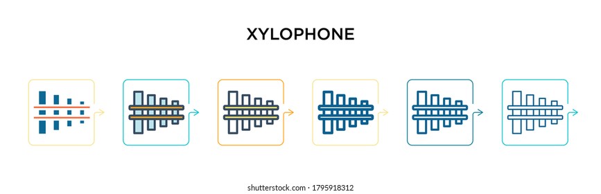 Xylophone vector icon in 6 different modern styles. Black, two colored xylophone icons designed in filled, outline, line and stroke style. Vector illustration can be used for web, mobile, ui