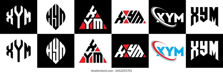 XYM letter logo design in six style. XYM polygon, circle, triangle, hexagon, flat and simple style with black and white color variation letter logo set in one artboard. XYM minimalist and classic logo