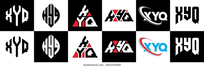 XYQ letter logo design in six style. XYQ polygon, circle, triangle, hexagon, flat and simple style with black and white color variation letter logo set in one artboard. XYQ minimalist and classic logo