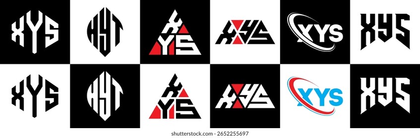 XYS letter logo design in six style. XYS polygon, circle, triangle, hexagon, flat and simple style with black and white color variation letter logo set in one artboard. XYS minimalist and classic logo