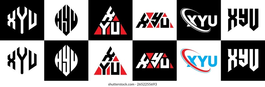 XYU letter logo design in six style. XYU polygon, circle, triangle, hexagon, flat and simple style with black and white color variation letter logo set in one artboard. XYU minimalist and classic logo