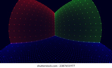 3D-Grids-Perspektive von XYZ mit Fisheye Lens Effect. Farbige X-, Y- und Z-Achsenbahnen. Rote, grüne und blaue Planen. Vorlage für metaverse VR-Planen. Vektorgrafik.