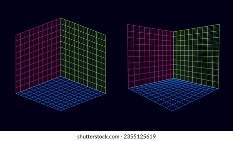 XYZ 3D Grids Perspektive und Orthographie. Farbige X-, Y- und Z-Achsenbahnen. Rote, grüne und blaue Planen. Vektorgrafik.