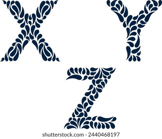 XYZ letters in traditional talavera feathering, traditional vector, letter X, letter Y and letter Z, decorative letters