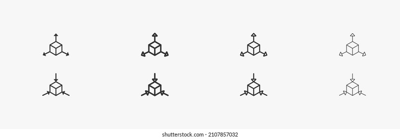 XYZ scaling linear black icon. Cube with arrows. Minimize and maximize symbols. Scale vector line icons. Resize pictogram with black outlines 