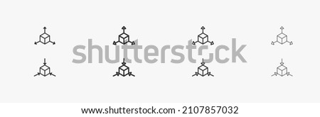 XYZ scaling linear black icon. Cube with arrows. Minimize and maximize symbols. Scale vector line icons. Resize pictogram with black outlines 