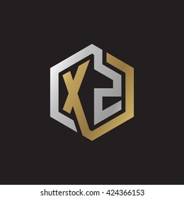 XZ initial letters looping linked hexagon elegant logo golden silver black background