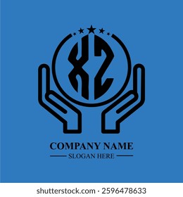 XZ initials held within hands, symbolizing trust and protection. The circle represents unity, while stars highlight excellence and ambition.