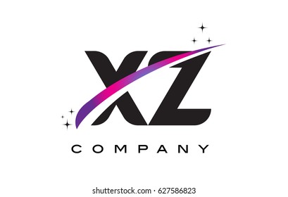 XZ X Z Black Letter Logo Design with Purple Magenta Swoosh and Stars.