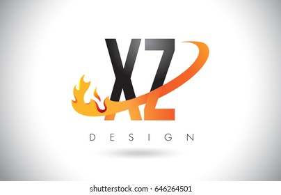 XZ X Z Letter Logo Design with Fire Flames and Orange Swoosh Vector Illustration.