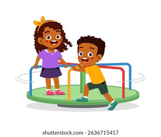 y African kids playing on a merry go round with smile and joy in the playground