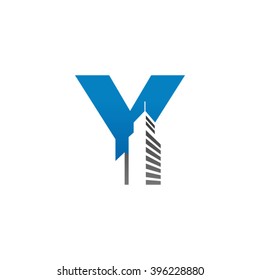 Y alphabet building negative space letter logo blue