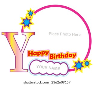Y alphabet and happy birthday in round border with four star and personal name cloud shape