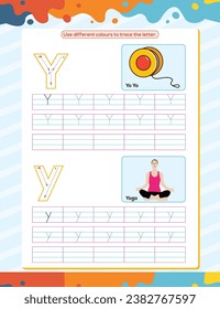 Y alphabet tracing practice worksheet. Educational coloring book page with outline vector illustration for preschool