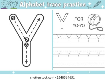 Y alphabet tracing practice worksheet and Yo-yo coloring book page with outline vector for Pre-school Kids