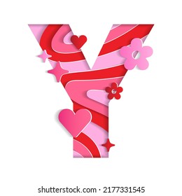 Y Alphabet Valentines Day Love Abstract Character Font Letter Paper Lively Flower Heart Sparkle Shine Red Pink Mountain Geography Contour Map 3D Layer Paper Cutout Card Web Banner Vector Illustration