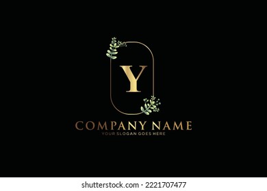 Y Beauty vector initial logo, Golden floral letters with flowers leaves and gold splatters isolated on white background. Vector illustration for wedding, greeting cards, invitations template design