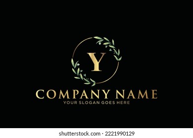 Y Beauty vector initial logo, Golden floral letters with flowers leaves and gold splatters isolated on white background. Vector illustration for wedding, greeting cards, invitations template design