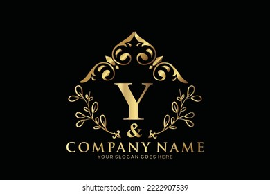 Y Beauty vector initial logo, Golden floral letters with flowers leaves and gold splatters isolated on white background. Vector illustration for wedding, greeting cards, invitations template design