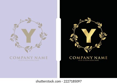 Y Beauty vector initial logo, Golden floral letters with flowers leaves and gold splatters isolated on white background. Vector illustration for wedding, greeting cards, invitations template design
