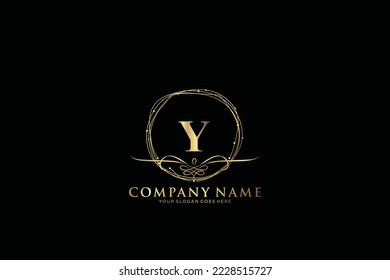 Y Beauty vector initial logo, Golden floral letters with flowers leaves and gold splatters isolated on white background. Vector illustration for wedding, greeting cards, invitations template design

