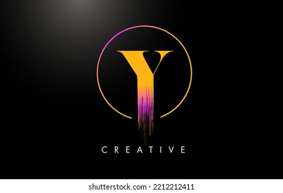 Y Brush Stroke Letter Logo Design. Orange Purple Paint Logo Leters Icon with Elegant Circle Vector Design.
