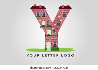 Y building letter vector illustration.  House letter with windows, balcony, doors, roof, bricks, chimneys and flowers for logo, label, cover, brochure, card, real estate agency or web page design.