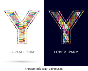 Y, Colorful Brick, Construction font graphic design.