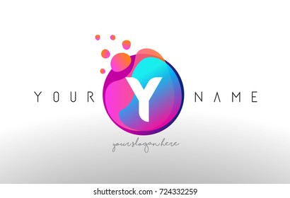 Y Dots Letter Logo With Bubbles. A Letter Design Vector with Vibtant Blue Orange Magenta Colors Particles Shapes.