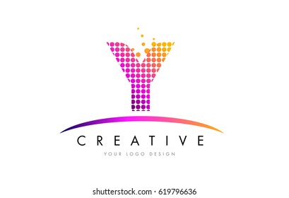 Y Dots Letter Logo Design with Magenta Bubble Circles and Swoosh