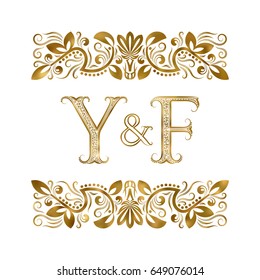 Y and F initials vintage logo. The letters surrounded by ornamental elements. Wedding or business partners monogram in royal style.