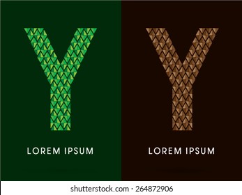 Y , font, concept leaf and rock, designed using colors green and brown colors tone geometric shape on dark background, sign ,logo, symbol, icon, graphic, vector.