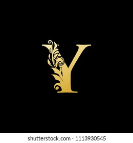 Y Gold Letter Logo With Luxury Floral Design. Vintage drawn emblem for book design, brand name, business card, Restaurant, Boutique, Hotel. Vector illustration