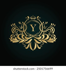 Y golden letter logo. Y logo initial Luxury ornament emblem. Golden template for cafe, bars, boutiques, invitations. Logo for business. Vintage elements. 