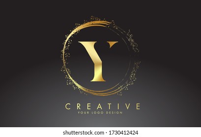Y golden letter logo with golden sparkling rings and dust glitter on a black background. Luxury decorative shiny vector illustration. Letter Y vector template for businesses or personal websites.
