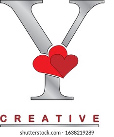 Y grey letter with two red hearts vector illustration. Styled symbol for Valentine's day, love concept, logo, label, emblem, greeting card, cover or web page graphic design.