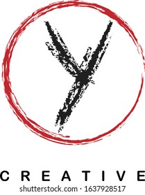 Y grunge brush stroke letter alphabet logo icon design template with circle in black and red for business. Suitable for a company design, label, emblem, logo or web page.