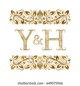 Y and H initials vintage logo. The letters surrounded by ornamental elements. Wedding or business partners monogram in royal style.