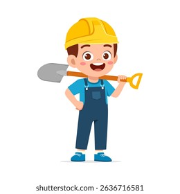 y in Hard Hat Holds Shovel on Shoulder in Cartoon Style with Blue Outfit