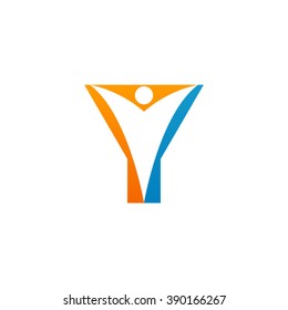 Y initial alphabet letter logo with negative space swoosh man, orange blue