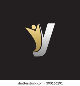 Y initial alphabet letter logo with swoosh man, silver gold black background