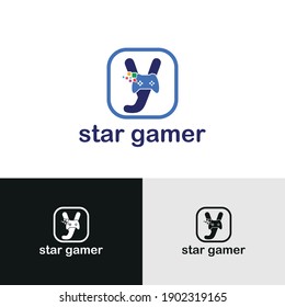 y initial letter with game console icon and pixel for gaming logo concept. game startup application